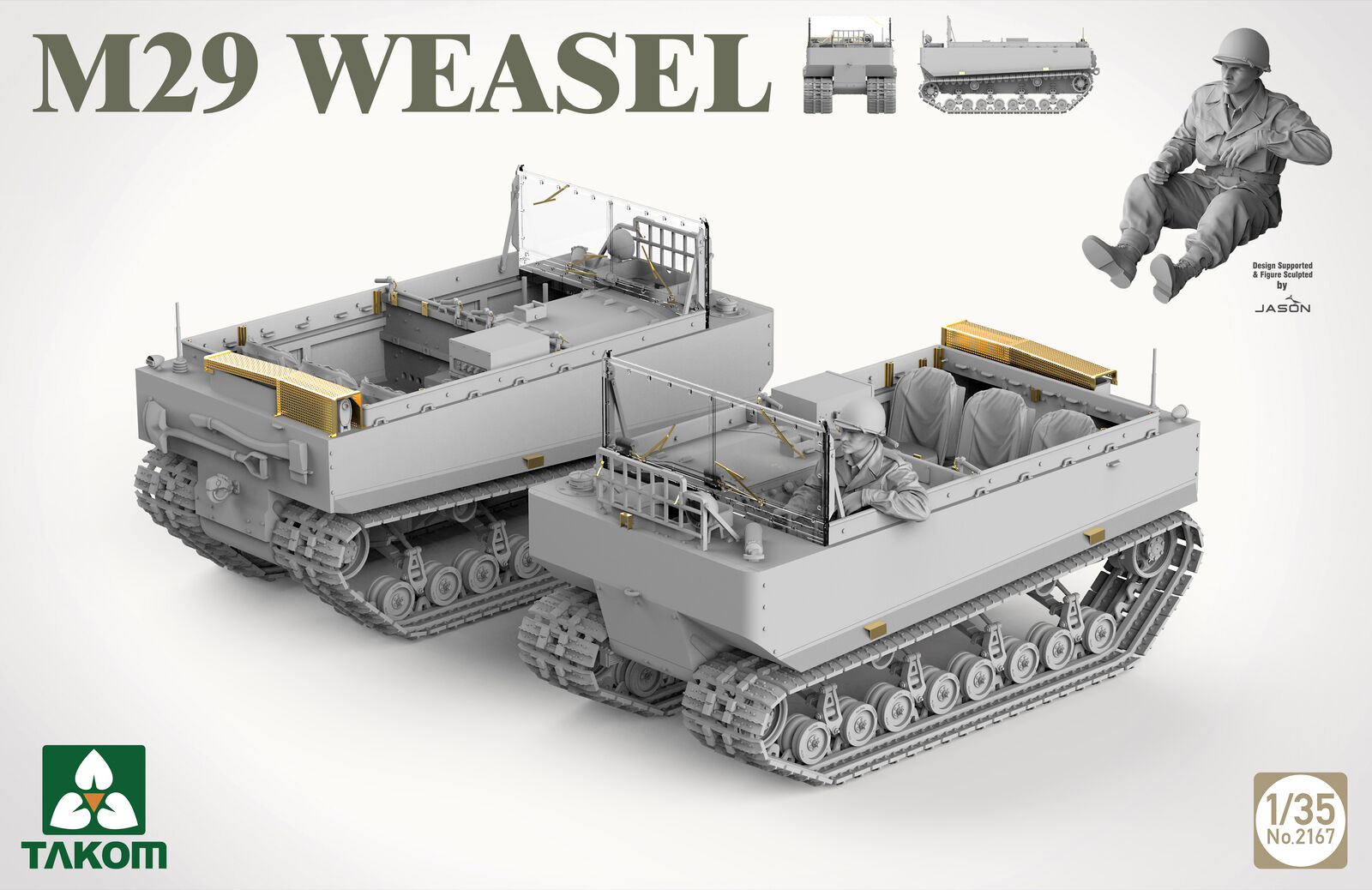 Illustration sur boîte de maquette militaire du véhicule de transport léger tout-terrain M29 Weasel américain, utilisé pendant la Seconde Guerre mondiale en Europe et dans le Pacifique.
