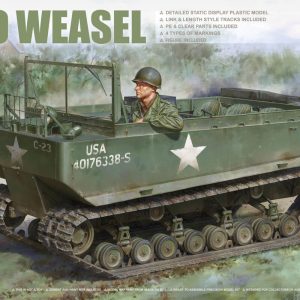 Illustration sur boîte de maquette militaire du véhicule de transport léger tout-terrain M29 Weasel américain, utilisé pendant la Seconde Guerre mondiale en Europe et dans le Pacifique.