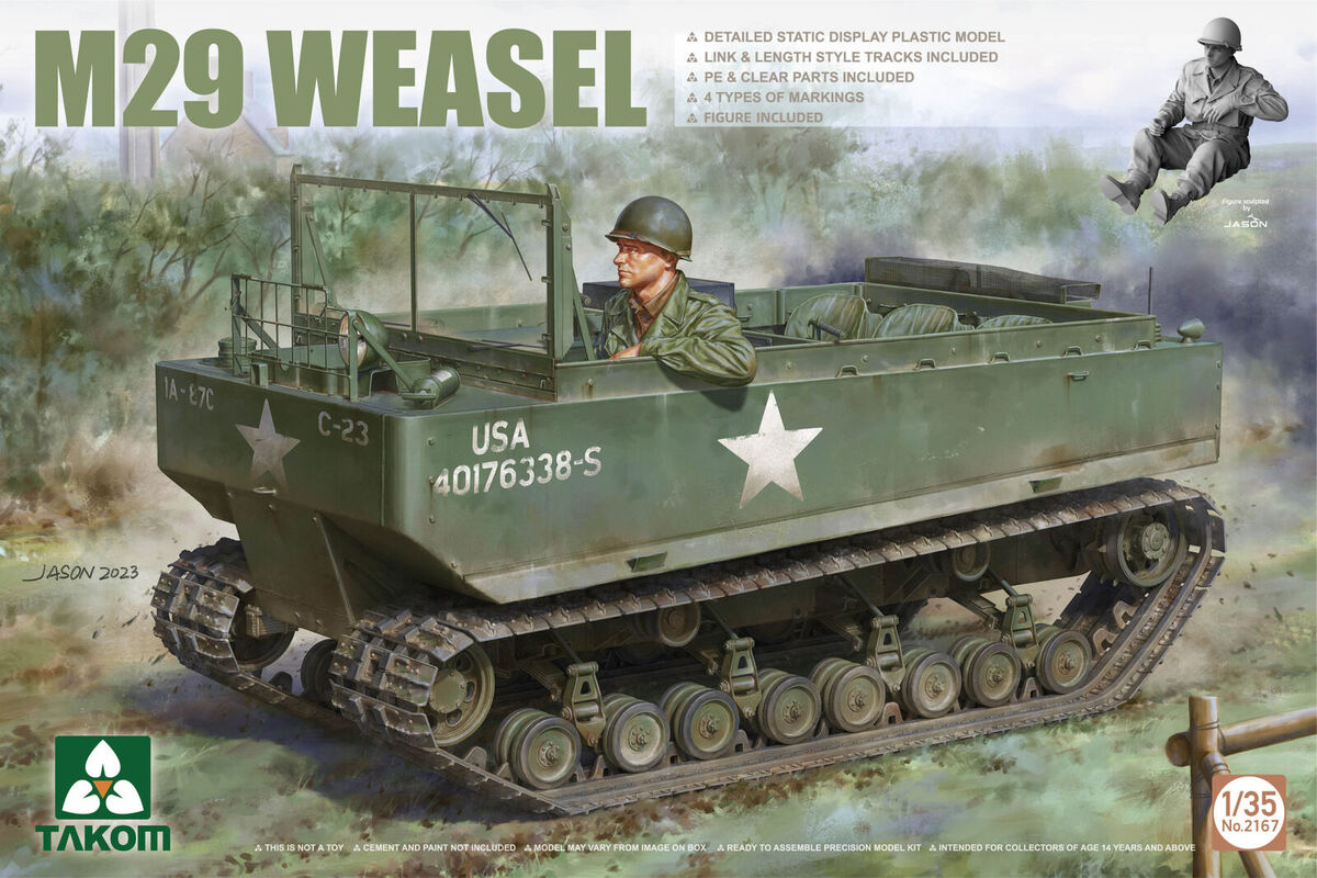 Illustration sur boîte de maquette militaire du véhicule de transport léger tout-terrain M29 Weasel américain, utilisé pendant la Seconde Guerre mondiale en Europe et dans le Pacifique.