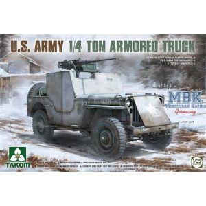 maquette militaire plastique Takom 2131 U.S. Army 1/4 Ton Armored Truck à l'échelle 1/35, représentant la Jeep Willys blindée de la Seconde Guerre mondiale avec sa mitrailleuse Browning .50.