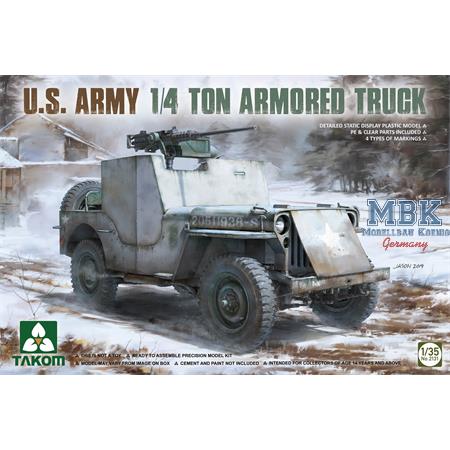 maquette militaire plastique Takom 2131 U.S. Army 1/4 Ton Armored Truck à l'échelle 1/35, représentant la Jeep Willys blindée de la Seconde Guerre mondiale avec sa mitrailleuse Browning .50.