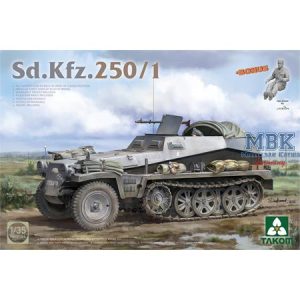 Illustration de la boîte de la maquette Takom 2184 montrant le véhicule blindé semi-chenillé allemand Sd.Kfz. 250/1 à l'échelle 1/35 en zone de combat.