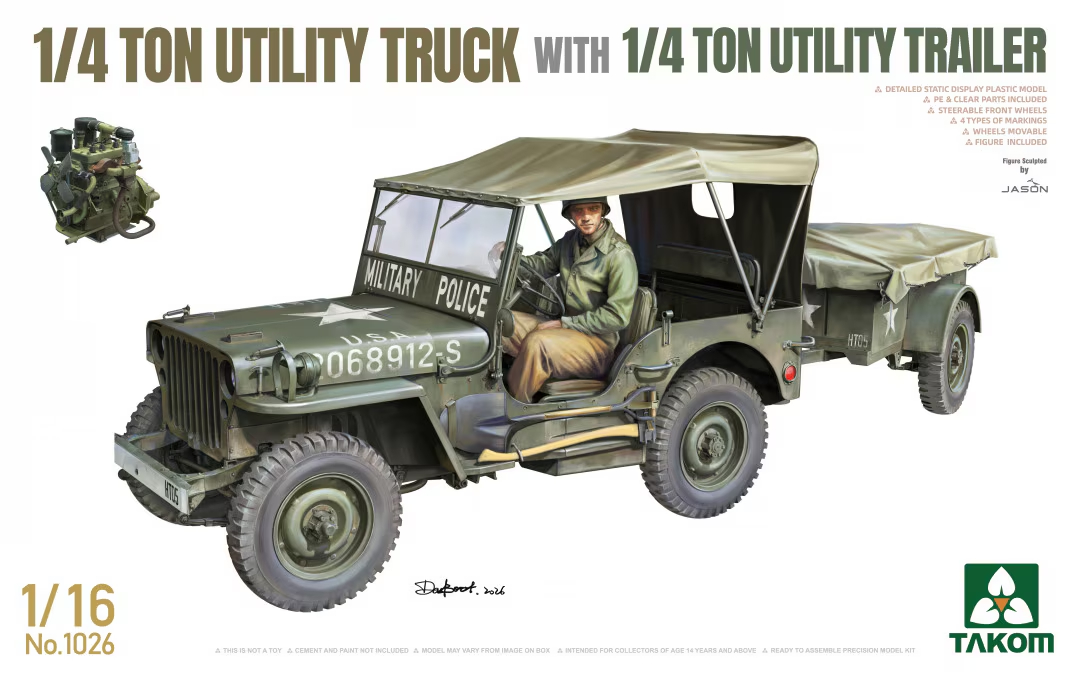 Maquette militaire Takom 1026 à monter soi-même. Ce kit complet à l'échelle 1/16 reproduit la Jeep Willys MB G503 de l'US Army avec sa remorque M100