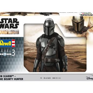 Figurine maquette à monter de Din Djarin, le Mandalorien, et Grogu sur socle diorama avec casques de stormtroopers