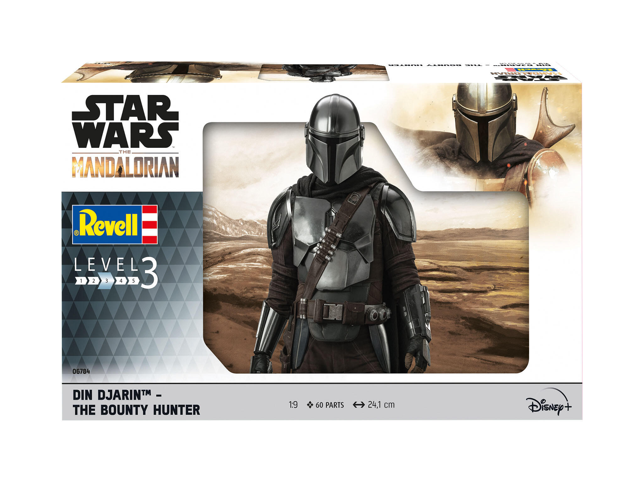 Figurine maquette à monter de Din Djarin, le Mandalorien, et Grogu sur socle diorama avec casques de stormtroopers