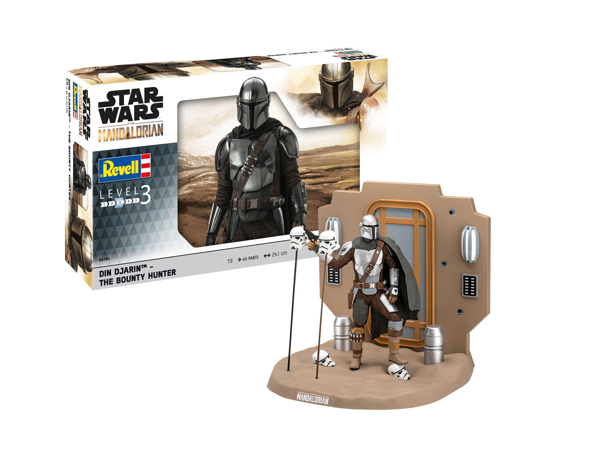 Figurine maquette à monter de Din Djarin, le Mandalorien, et Grogu sur socle diorama avec casques de stormtroopers