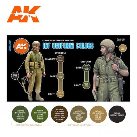 Set de peintures acryliques AK Interactive 3Gen pour uniformes de l'armée israélienne IDF - coffret de 6 pots.