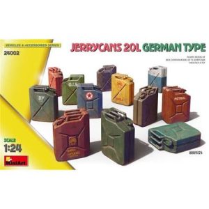 Boîte du kit de maquette MiniArt 24002 contenant des jerricans allemands de 20L à l'échelle 1/24.
