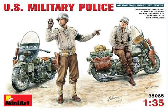 Boîte de maquette plastique 1/35 représentant deux policiers militaires US WWII sur motos Harley-Davidson WLA.