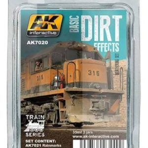 Set de weathering AK Interactive pour modélisme ferroviaire comprenant pots de peintures enamel et pigments pour effets de saleté sur trains.