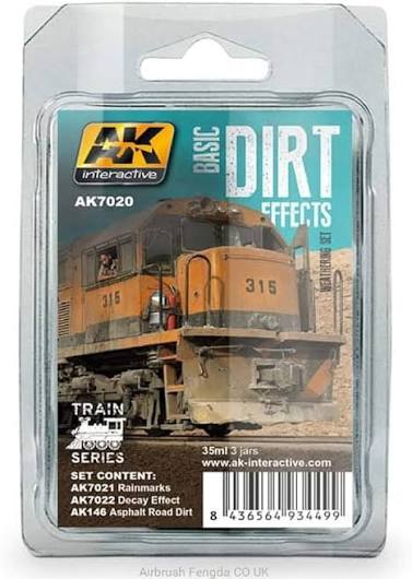 Set de weathering AK Interactive pour modélisme ferroviaire comprenant pots de peintures enamel et pigments pour effets de saleté sur trains.