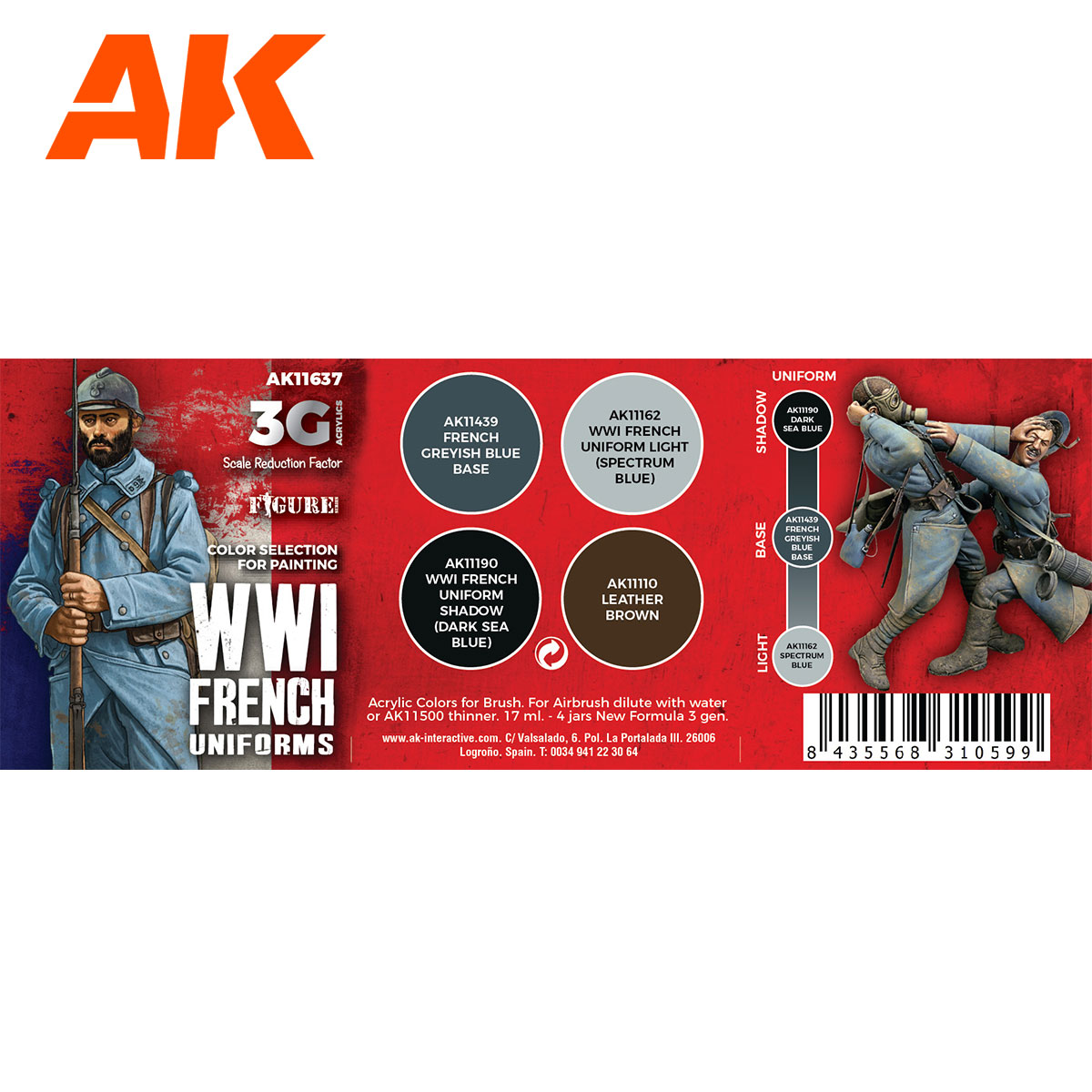 Coffret de peintures AK Interactive 3Gen Bleu Horizon comprenant 4 flacons pour uniformes et cuir de figurines françaises 14-18.