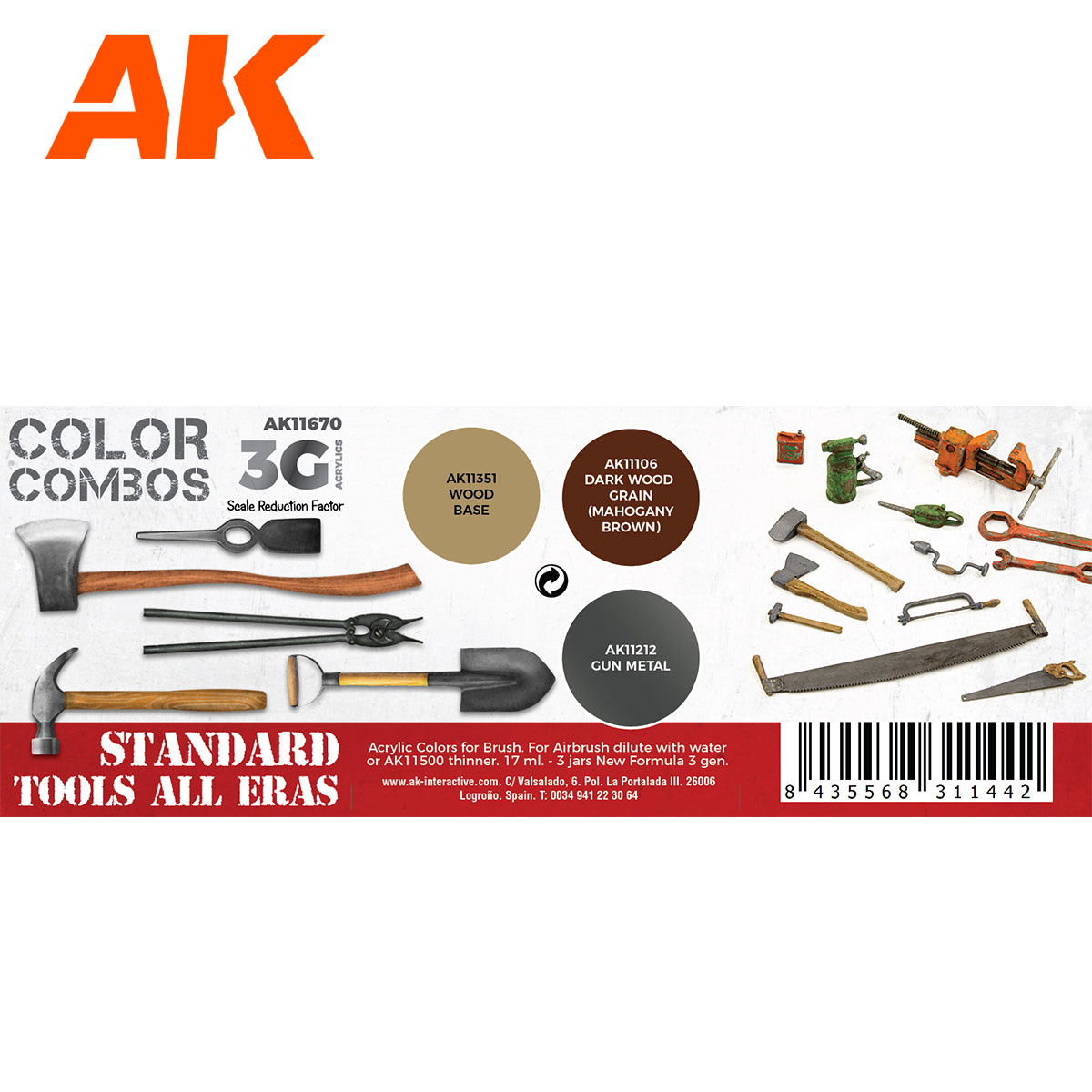 Coffret de 3 pots de peinture acrylique AK Interactive 3rd Gen (Wood Base, Dark Wood Grain et Gun Metal) pour peindre les outils en bois et métal des maquettes.