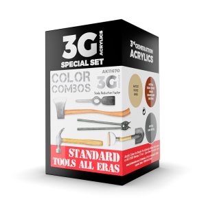 Coffret de 3 pots de peinture acrylique AK Interactive 3rd Gen (Wood Base, Dark Wood Grain et Gun Metal) pour peindre les outils en bois et métal des maquettes.