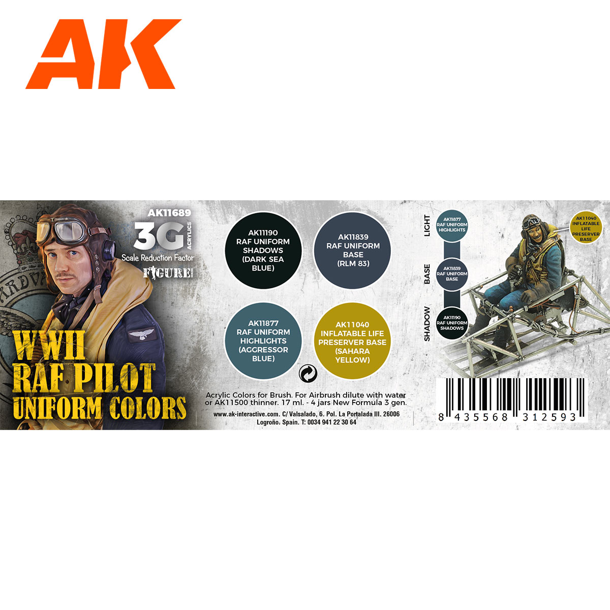 Coffret de peintures acryliques AK Interactive 3e génération contenant 4 pots pour peindre l'uniforme bleu et le gilet de sauvetage jaune des pilotes de la RAF WWII