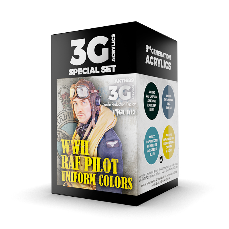 Coffret de peintures acryliques AK Interactive 3e génération contenant 4 pots pour peindre l'uniforme bleu et le gilet de sauvetage jaune des pilotes de la RAF WWII